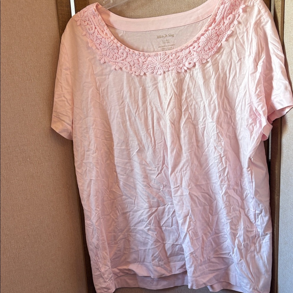 White Stag Light Pink Floral Trim Short Sleeve Top xl